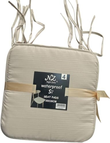 HOMES-LINEN Pack of 4 Waterproof Chair Pads Office Garden Chair 38X38 Cm - Indoor Outdoor Square Seat Pads For Dining Chairs - Patio Kitchen Cushion Pads With Ties (4, Beige)