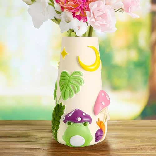 AmiCera Cute Frog Flower Vase, 20 cm Colourful Tall Vases for Home Decor, Unique Boho Decorative Mushroom Vases for Flowers, Modern Rainbow Funky Gardening Gifts, Pastel