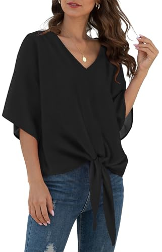 YGJIEGENG Womens Chiffon Tops, Short Sleeve Summer Blouse, Black, L
