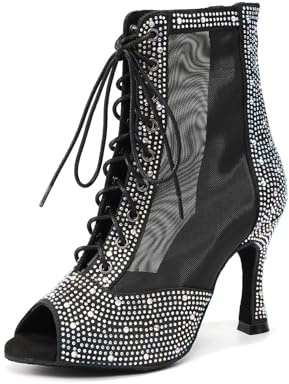 ZYXWVU Stivali da Ballo Latino Donna Americano Punta Aperta Strass Stivaletti da Ballo per Salsa Tango Bachata Pratica Performance Nero, 37.5 UE