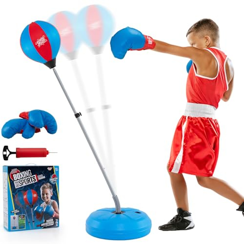 SPOTRAVEL Kids Boxing Punch Bag, Height Adjustable Punching Bag Stand with Gloves and Hand Pump, Freestanding Inflatable Boxing for Kids Teens Adults (Red+Blue, 122-154cm)