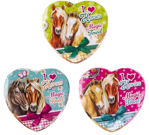 itsisa Magisches Handtuch Pferd mit Herz I Love Horses (3er Set) 30x30 cm - Zauberhandtuch Pferde, Kinder Handtuch für Pferdeliebhaber, Kindergeschenk, Ostergeschenk, Wichtelgeschenk