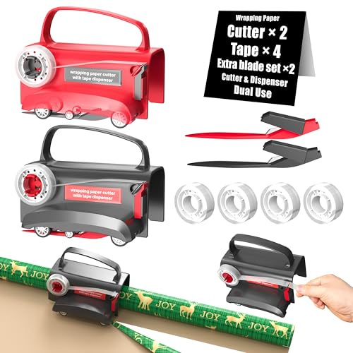 Wraprocut (2-Pack) Wheel Wrapping Paper Cutter & Tape Dispenser with 4 Tapes，2 Replace Blades Kit for Christmas Gift Wrap Cutter Tool Paper Roll Holder Tube Sliding Slicing for Birthday Holiday.