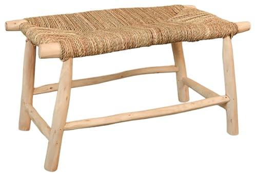 Home Maison - Banc Bois Naturel Japandi - Bois de Laurier et Fibres de Palmier Doum - Style Japandi - Usage Intérieur et Extérieur - 40 x 80 cm - Naturel
