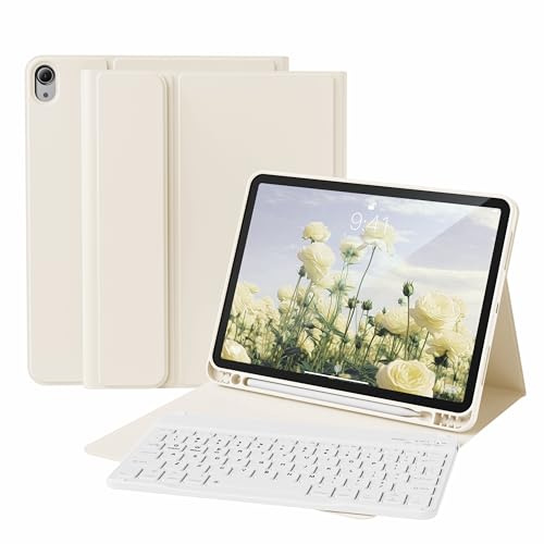 KVTVOU Étui avec clavier pour iPad Air 11 2025/2024 (M3/M2, 7e/6e génération), iPad Air 5e/4e génération 2022/2020 10,9, clavier magnétique sans fil, étui ultra fin avec porte-crayon, blanc crème
