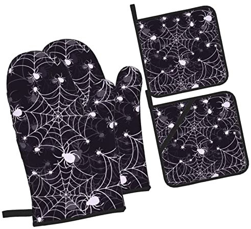 4 Pezzi Set Di Presine Da Cucina Halloween Spider Web Net Purple Guanti Da Cucina Antiscivolo Divertenti Cucina Guanti Per Microonde, Cucina, Griglia