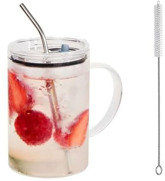 Bicchiere per acqua in vetro trasparente da 1 l, con coperchio e cannuccia, resistente al calore, per caffè, acqua, succhi di frutta, bevande fredde e calde