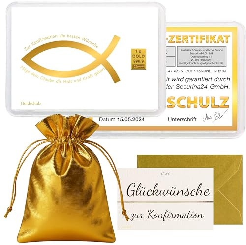Goldschulz Goldbarren 1g 1 Gramm Motivbox - Zur Konfirmation goldener Fisch - Geschenk + Echtheitszertifikat
