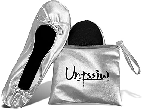 Untssiw Women's Foldable Portable Ballet Flat Roll Up Slipper Shoes with Travel Pouch - Fold Up Ballet Flats for Women (Silver M)