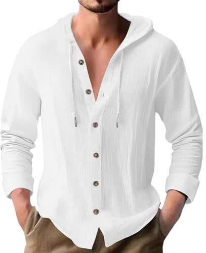 PRIVIMIX Camicia Uomo Lino Manica Lunga con Cappuccio Cotone Maglietta Maniche Lunghe Bianco 3XL