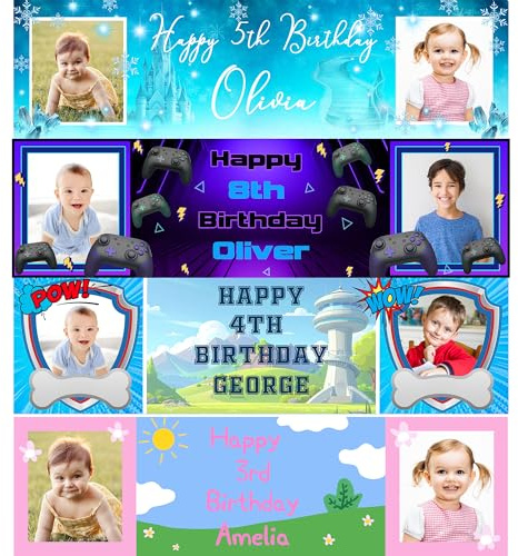 Fringoo Cartel de fiesta personalizado con fotos - Decoración personalizada para niños - 110 x 30 cm Cartel de feliz cumpleaños para niñas y niños - Gamer