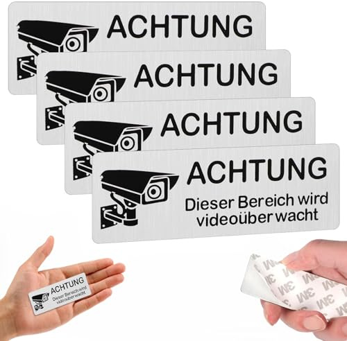 4 Stück Videoüberwachung Schild – 8.5x3 cm Aluminium Hinweisschild, UV & wetterfest Deutliche Überwachungshinweise, Sicherheitskamera Hinweis Schild für Haus, Garten, Büro, Tor und Garage
