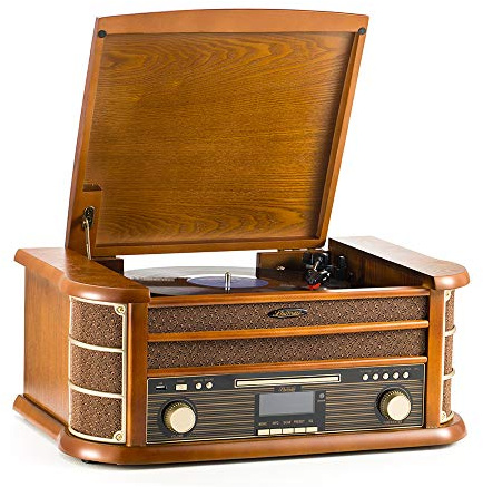 Centro musicale wireless – Sistema retrò 9 in 1 con radio DAB/FM, giradischi e lettore cassette (vero legno, telecomando incluso)
