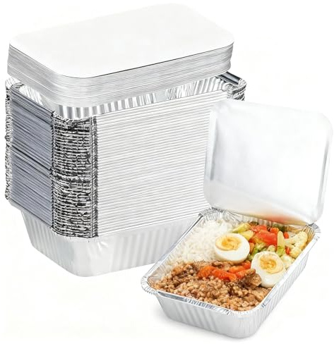 DUDUI 50 Stück 1000ml Grill Aluschalen mit Deckel, Grillschalen Aluminium, Alu Tropfschalen, Einwegschalen mit Deckel für Backen, Kochen, Aufbewahrung - 22 x 16 x 5 CM