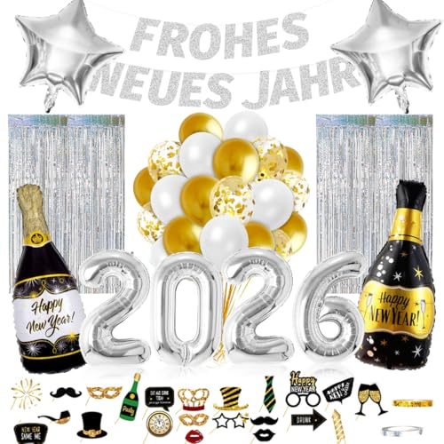 Silvester Deko 2026, XXL New Year Decoration, FROHES NEUES Jahr Girlande, 2026 Folienballon, Fotorequisiten, Lametta-Vorhang, Luftballons Gold Weiß für Silvester Party Deko Neujahr Silber