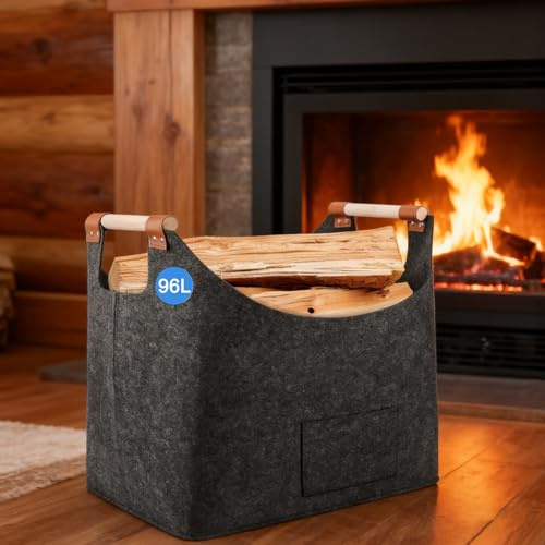 Portalegna Pieghevole in Feltro Spesso con Manici in Legno Naturale – Cestello per Legna da Camino, Organizzatore per Giocattoli, Coperte, Riviste, Design Nordico (60x40x40 cm)