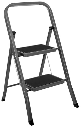 Futura 2 Step Ladder Grey, Heavy-Duty Steel Folding Ladder & Folding Step Stool with Wide Non-Slip Steps, Anti Slip Feet, 150kg Load Capacity, Ideal for Home/Kitchen/Garden or DIY Step Stool