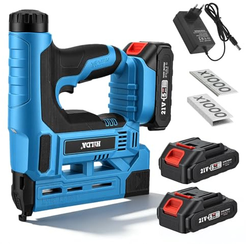 Set de clavadora inalámbrica, pistola de clavos eléctrica 18GA con 2 baterías de 2,0 Ah y 1000 clavos/grapas, grapadora eléctrica 2 en 1, profundidad de clavado ajustable para trabajo con madera y
