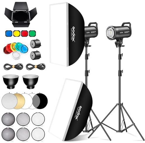 Godox 2-pack SK300IIIV 300Ws LED-videoljusset 5700 ± 200 K kontinuerligt ljusset med lampstativ softbox med galler Bowens-Mount standardreflektor för studio videoinspelning livestreaming podcast (2