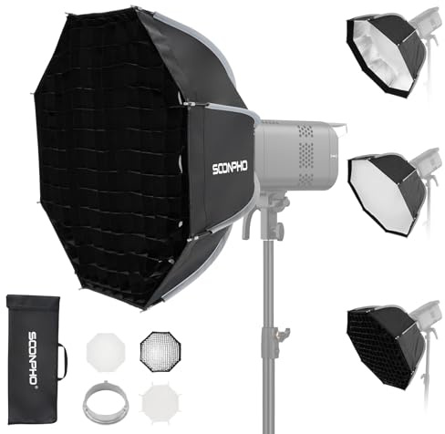SOONPHO KS-65 26in/65cm Softbox Bowen Mount,Octagon Schnellverschluss Soft Box Kit mit Lichtstreuer,Honeycomb Gitter und Transporttasche,Kompatibel mit Godox SK400IIIV,SK300IIV,MS300V,AD200PROII