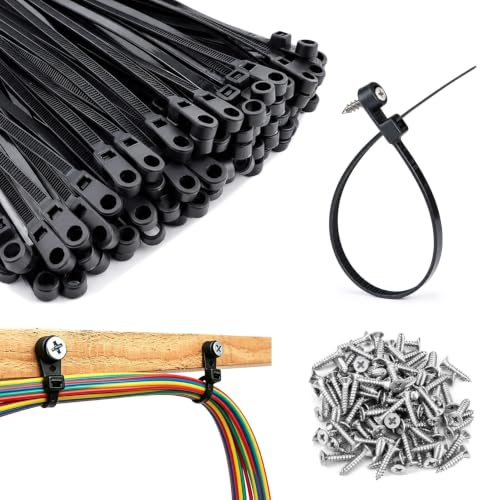 Xujinsongg 100 Piezas Bridas Negras 200x5mm, con 100 Tornillos M4x18 | Bridas para atornillar, Abrazaderas para cables atornillables, Bridas resistentes UV con orificio para tornillo