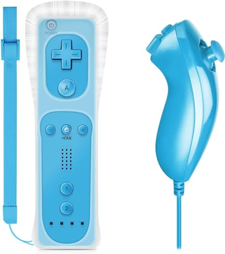 Pack Manette Télécommande avec MotionPlus Intégré + Nunchuck Compatible Console 6 Axes Bluetooth Bleu