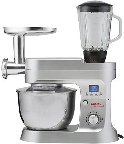 Cooks Professional Stand Mixer & Mincer 1200W | Electric Food Mixer with Pulse Setting | 6.2 Litre Stainless Steel Bowl | Blending Jug, Dough Hook, Whisk, Beater & Splash Guard | Silver