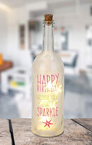 BRUBAKER Lichterflasche mit Aufdruck Happy Birthday 5 LED Lichter 32 cm Höhe Weiß