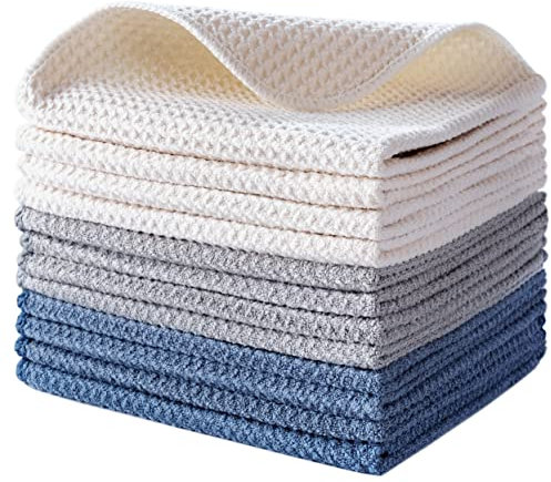 POLYTE Premium Microfibre Kitchen Dish Cloth Waffle Weave (Dark Blue, Gray, Off White, 30x30 cm) 12 Pack