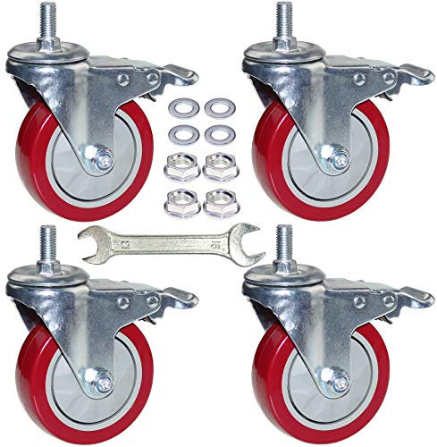 DICASAL 4 Inch Heavy Duty Stem Casters 360 Degree Swivel Thread Wheels with Metric Size M12-1.75 Screw Bolt Double Locking Brake Castor Wheel Load Capacity Upto 900 Lbs Pack of Four