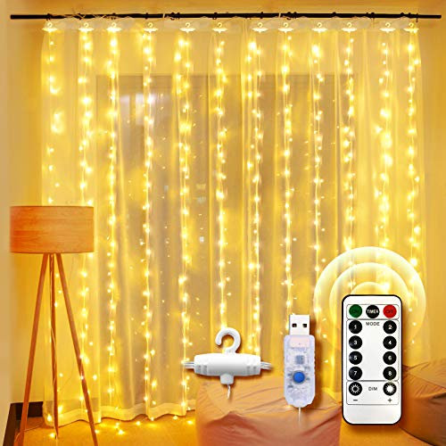 UNBON Tenda Luminosa LED, 3M*3M Tenda Luci LED 300 LED 8 Modalità di Illuminazione Luci per Tende USB Bianco Caldo per Decorazioni Natale Interni Esterni Finestra Festa Matrimonio Compleanno