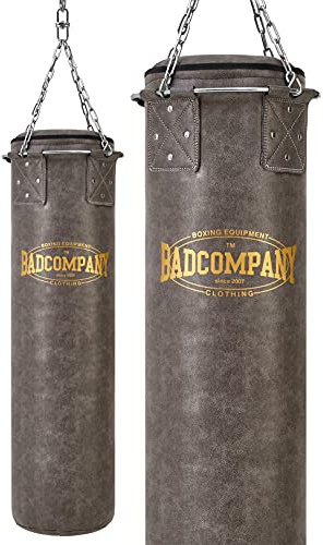 Bad Company Vintage Boxsack inkl. Heavy Duty Vierpunkt-Stahlkette und Metallring I Kunstleder Punching Bag gefüllt oder ungefüllt I 80/100/120/150/180 x 35 cm