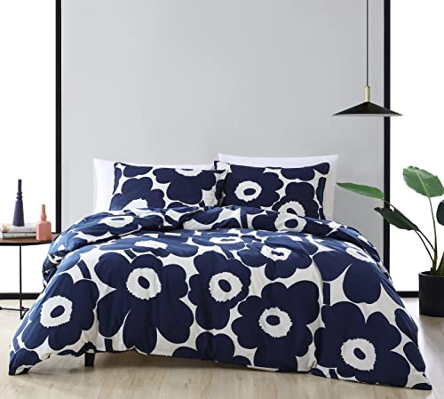Marimekko - King-Size-Bettwäsche-Set, Baumwoll-Bettwäsche mit passenden Kissenbezügen, leichte Heimdekoration für alle Jahreszeiten (Unikko Indigo, Kingsize)