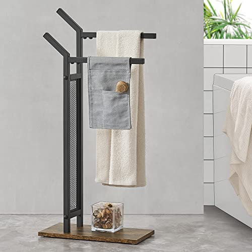 [en.casa] Porte-Serviette sur Pied Meuble de Salle de Bain avec 2 Barres pour Serviettes Draps de Bain Gants de Toilette Acier Laqué MDF 88 x 40 x 20 cm Noir Effet Bois