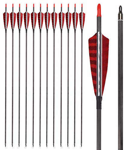 NIKA ARCHERY 12 Reine Kohlenstoffpfeile 600 Wirbelsäulen Truthahn Federfletching-Einschraubpunkte auf die Jagd auf traditionelle Lange Bogenpfeile für Recurve Bug Comput Bogen abzielen