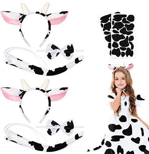 Hifot Kuh Kostüm 8pcs,Kuh Ohren Haarreif Schwanz Fliege Selbstklebendes Papier Tier Kostüm Set Halloween Cosplay Kostüm Damen Kinder