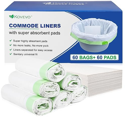 Kovevo 60 Pack Commode Liners with Absorbent Pads, 60 Bedside Commode Liners and 60 Commode Pads, Portable Toilet Liners for Commode Bucket | Universal Fit | Make Cleanup Simple