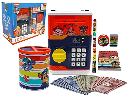 HOVUK Alcancía de 30 piezas de Paw Patrol para niños de 3 a 12 años, caja fuerte para dinero con papelería, caja de dinero electrónica con contraseña para niños, regalos de cumpleaños para niños