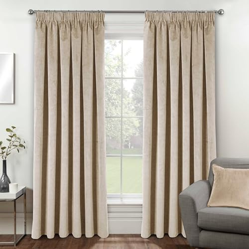 Enhanced Living Velvet Cream Thermal 100% Blackout Curtains with Tape Top - 46 x 72 Inch (117 x 183cm) - Supersoft Energy Saving & Noise Reducing Curtains for Living Room & Bedroom. | Blackout Supersoft Velvet Tape Top 2 x Curtain Panels for Bedroom, Living Room