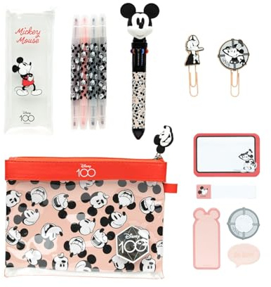Grupo Erik Disney Mickey Mouse Schreibwaren Mäppchen Kugelschreiber | Kugelschreiber 10 Farben Federmäppchen - Büroklammern - Textmarker - Notizzettel Klebend Disney Geschenke Merch Fanartikel