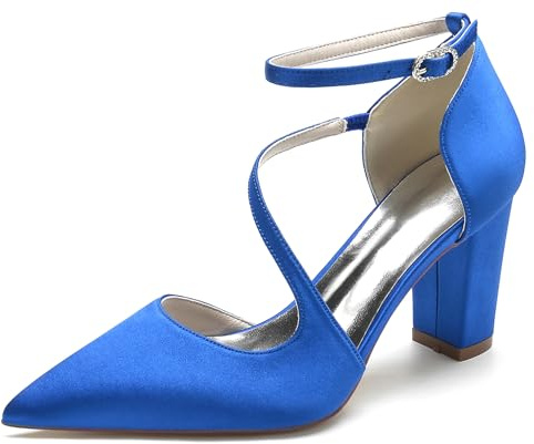 Hanfike Scarpe eleganti da donna per matrimonio con cinturino a punta punta tacco grosso pompe da sera JY029, Blu reale, 38 EU