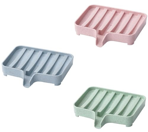 Pilika Lot de 3 porte-savon avec drainage automatique pour lavabo de salle de bain, matériau PP, bleu/rose/vert