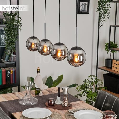 HOFSTEIN Hängeleuchte Gastor, 4-flammige Hängelampe aus Metall/Glas in Schwarz/Chrom-/Rauchfarben, moderne Pendelleuchte im Retro/Vintage-Design, Ø Schirme 15 cm, 4 x E14, Esszimmer, Küche, Wohnzimmer