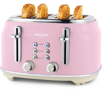 Salter Retro Pink 4-Slice Toaster – Wide Slots, 6 Browning Levels, Defrost, Reheat, Cancel Functions, Removable Crumb Tray, Extra Thick Bread, High-Lift Eject, Self-Centring, Vintage Design, 1630W