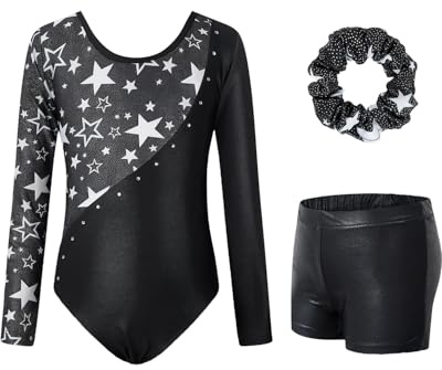 JiAmy Maillot de gimnasia para niñas con pantalones cortos, manga larga, 3-12 años, 9-10 Años