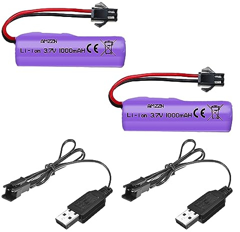 AMZZN 2 Stück 3,7V 1000mAh SM-2P Lipo Stecker Batterie mit USB-Ladegerät geeignet für TB202 TB201 TM201 TM202 TC141 DE35 DE38 DE40 DE50 ferngesteuertes Fahrzeug, LKW, Stunt-Fahrzeugbatterie
