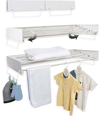 Zentuary Home Wall Mounted Clothes Airer – Retractable Clothes Drying Rack with Towel Rails – Plasterboard Wall Plugs & Screws Included – Space-Saving Indoor/Outdoor Laundry Dryer - 80cm