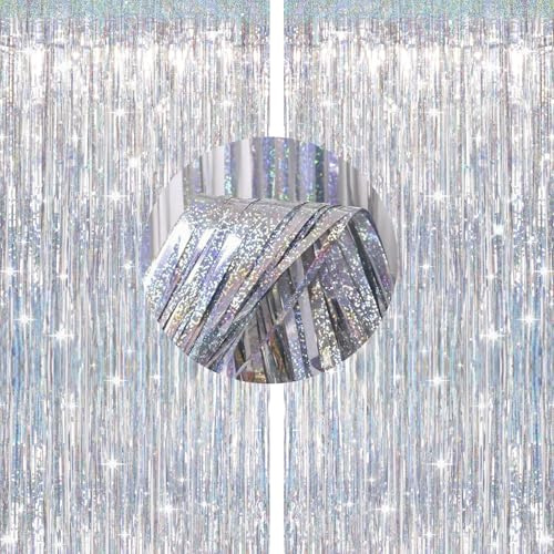 G2PLUS Glitzer Lametta Vorhang Silber, Metallic Lamettavorhängen, 2 Stück Glitzernde Lametta-Vorhänge für Party, Lametta Dekovorhänge für Disco Silvester Silberhochzeit Party Dekoration