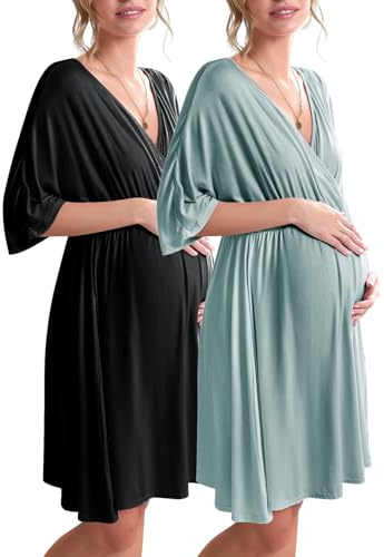 Ekouaer 3 in 1 Labor/Delivery/Hospital Gown 2 Pack Maternity Dress Nursing Nightgown Sleepwear for Breastfeeding, Black/Celadon Green, Medium