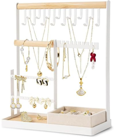JiHiGe Jewelry Organizer Stand, Jewelry Display Holder with Velvet Ring Case, 4 Tier Jewellery Organiser with 15 Necklace Hooks, 16 Earring Holes and Bracelet Holder for Home and Store Display, White